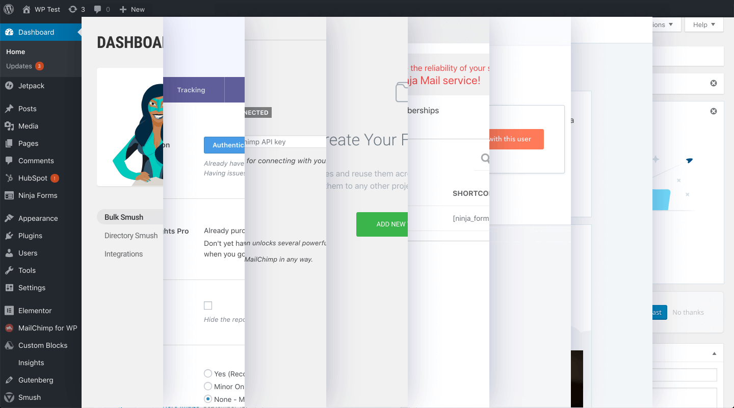 8 different WordPress plugin dashboards.