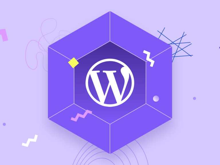 Illustration of the WordPress logo in a gradientic hexagon in the purple palette.