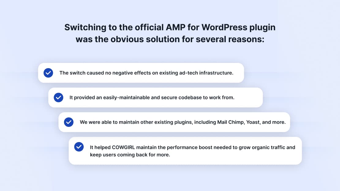 official AMP Plugin was the obvious solution: no negative effects on the infrastructure, secure codebase, plugins maintaining, performance boost.