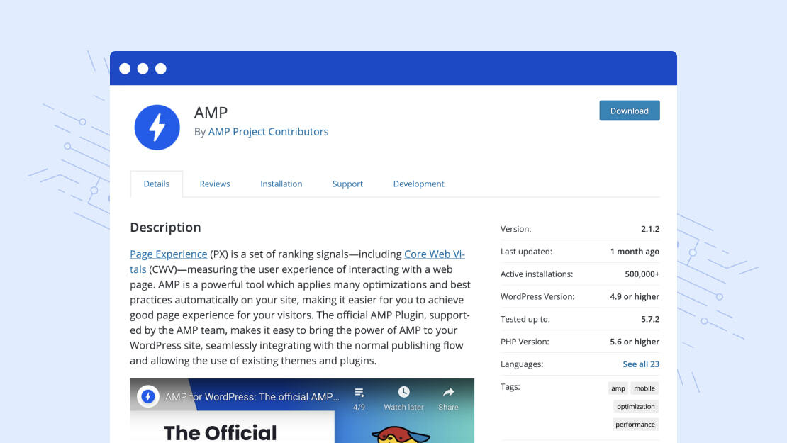 A depiction of the AMP for WordPress page in the WordPress plugin repository. 