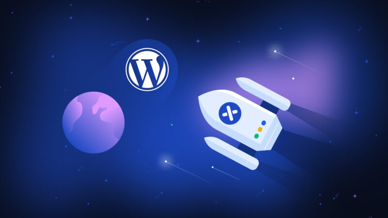 An XWP branded rocket ship flying past a WordPress planet