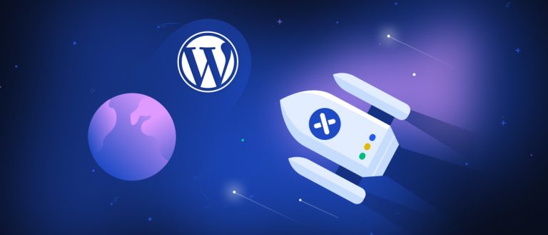 An XWP branded rocket ship flying past a WordPress planet