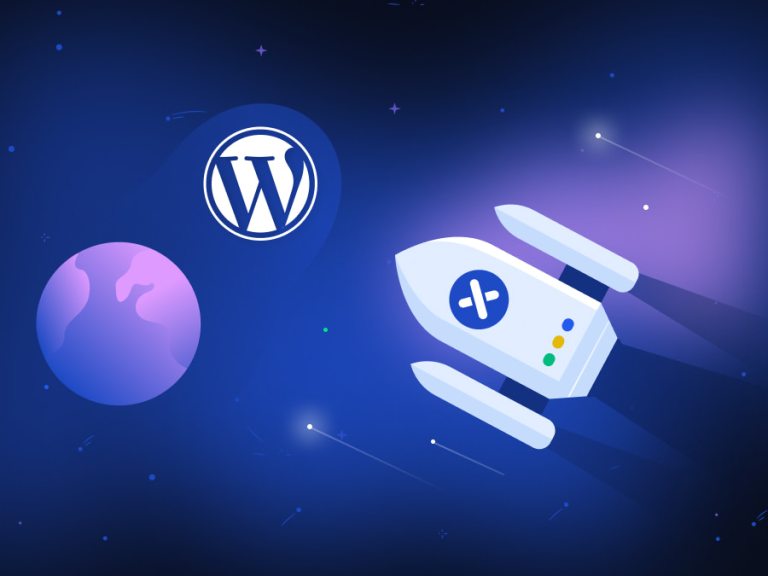 An XWP branded rocket ship flying past a WordPress planet