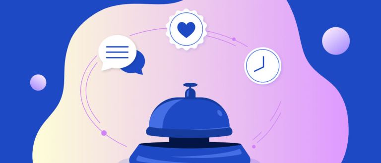 A speed dating bell with icons for conversation, time, and love. This represents the fact that you have to make an impression quickly with LCP.