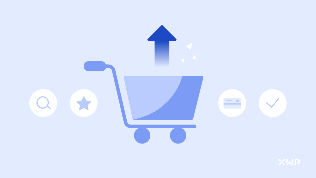 A shopping cart with four icons: Search, favourites, payments and tick (completions). All of these icons are rising similtaneously.