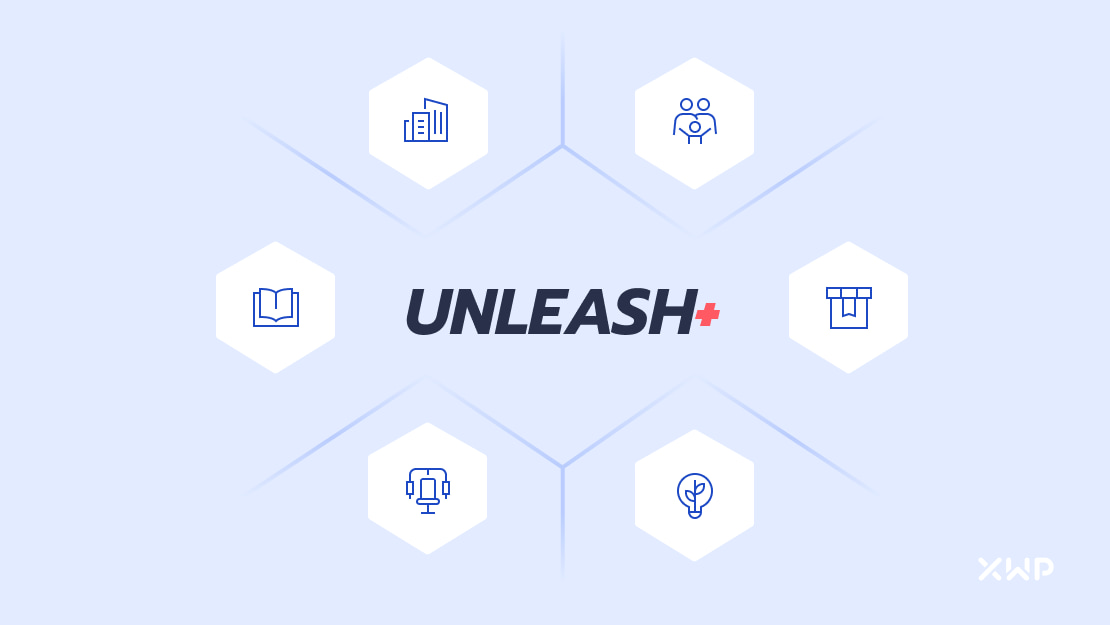 The Unleash+ logo surrounded by categories that it can be used for, including learning and fitness.