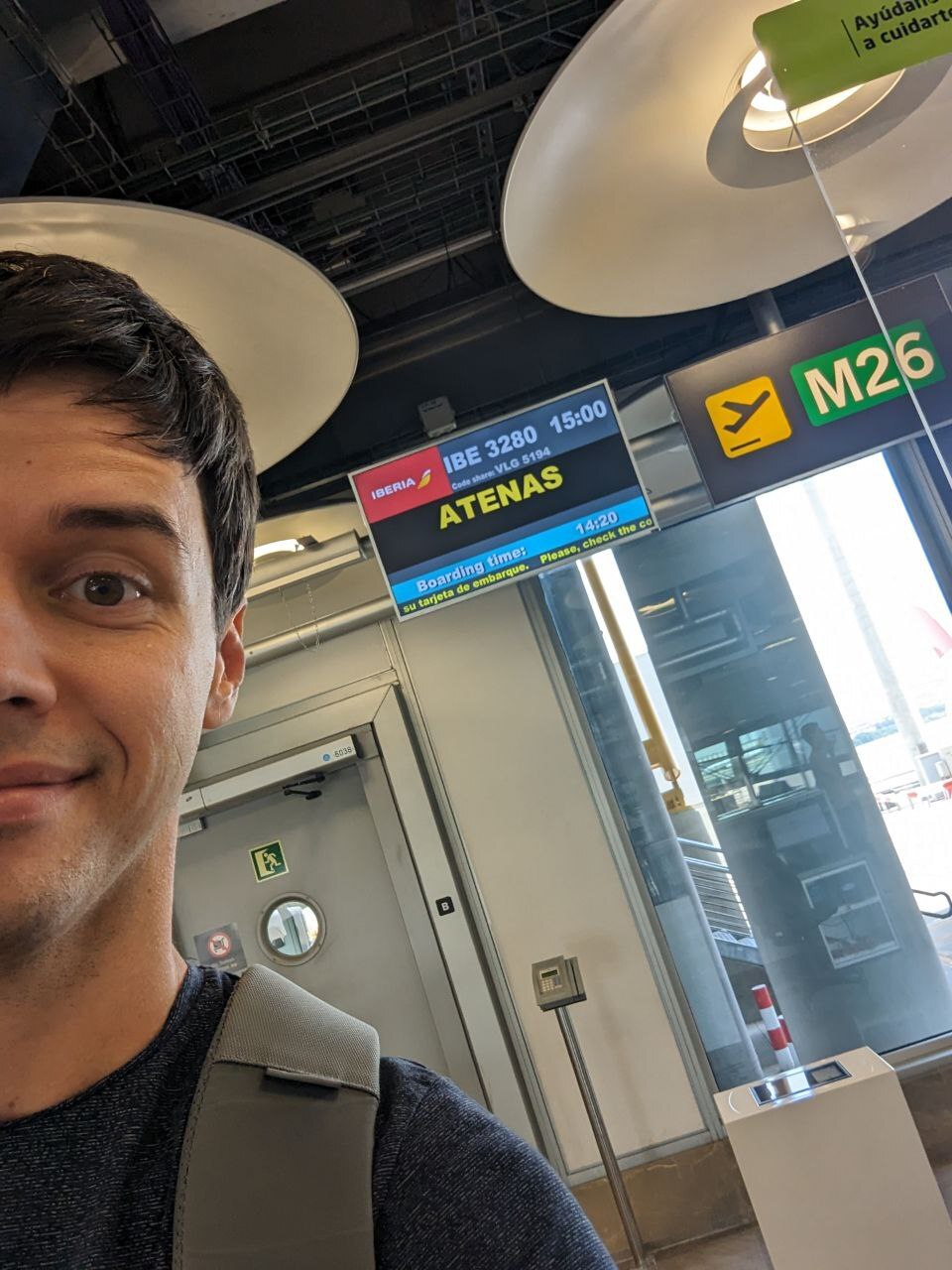 XWP Director of Frontend Engineering Mike Crantea at the boarding gate for Athens