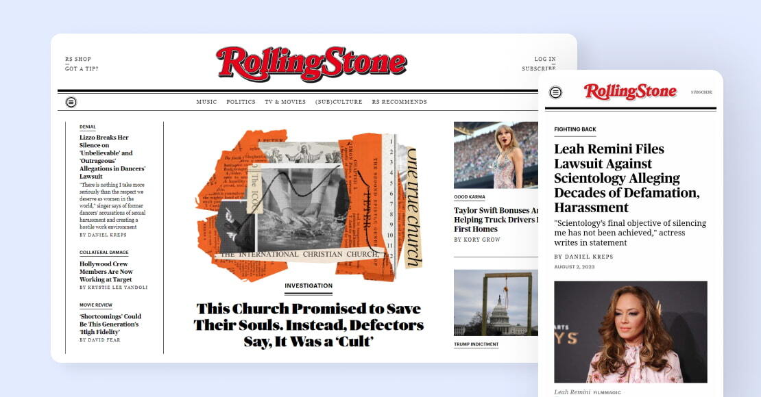 A view of the desktop and mobile view of the Rolling Stone website