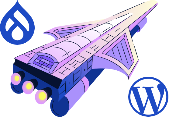 A spaceship with the Drupal and WordPress logos.