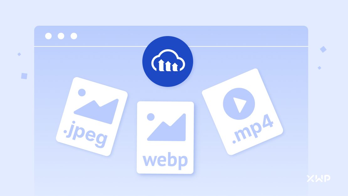 The cloudinary logo and .jpeg, webp and .mp4 file format icons.