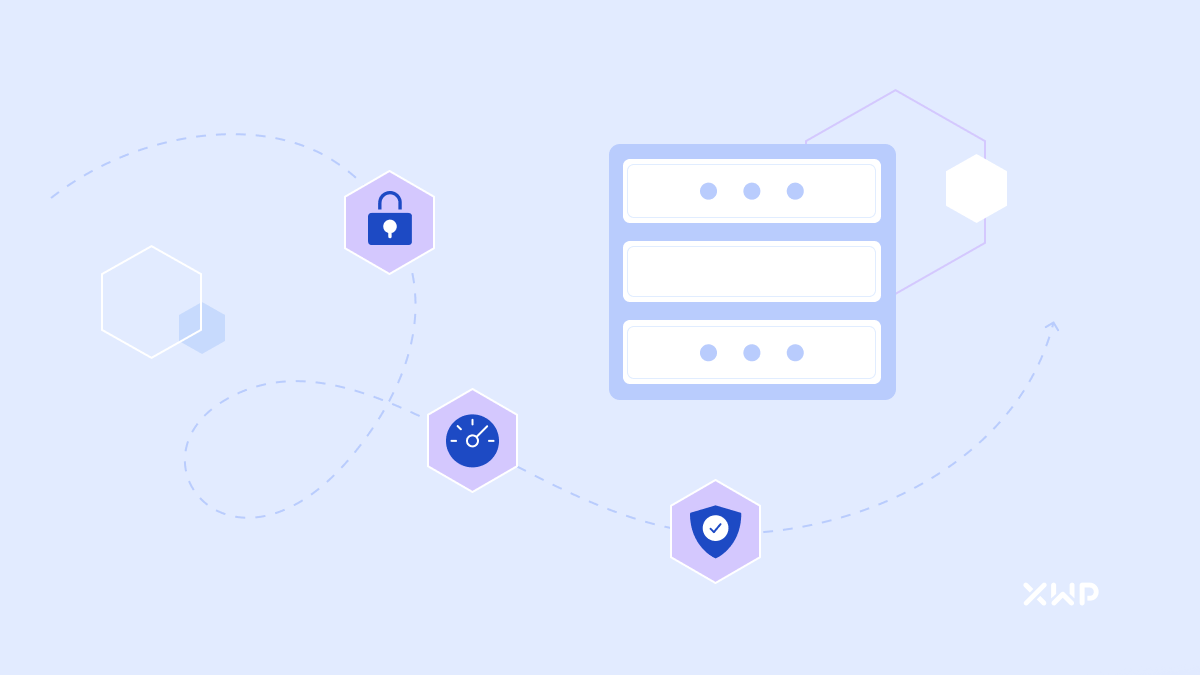 Illustration of a server and 3 icons next to it - a padlock, speedometer and shield.