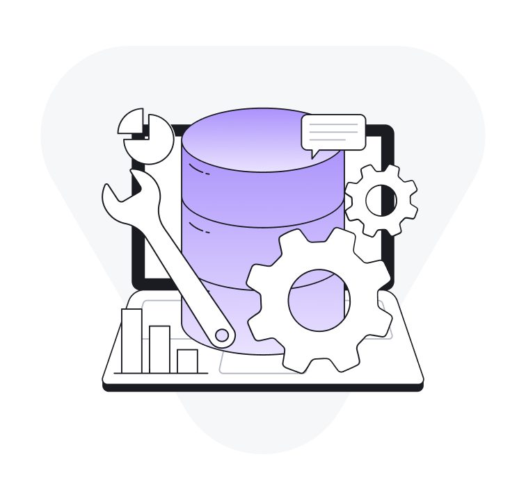 Illustration of a database stack with charts, tools and gears around it