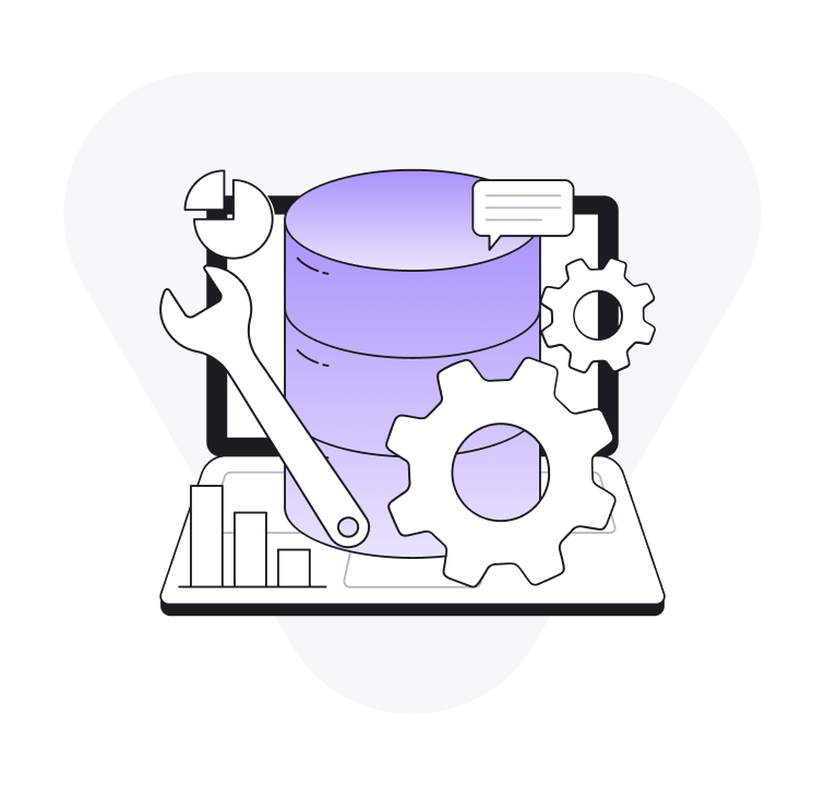 Illustration of a database stack with charts, tools and gears around it