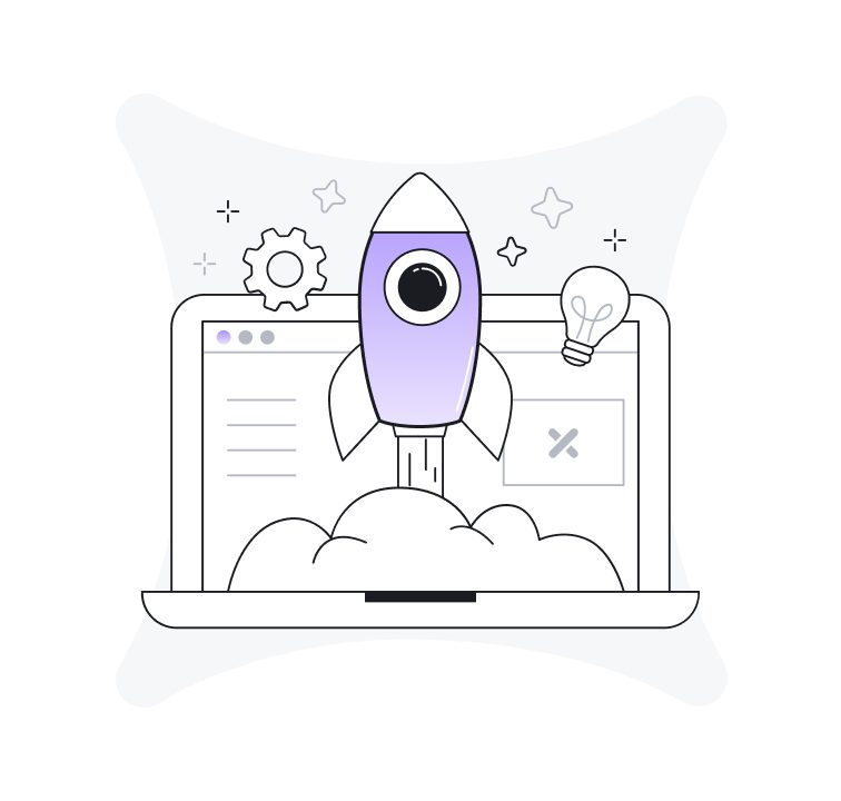 Illustration of a rocket emerging from laptop screen