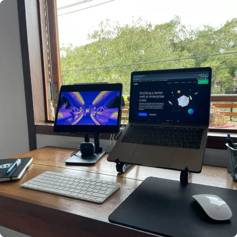 Remote workspace setup with a laptop and external monitor