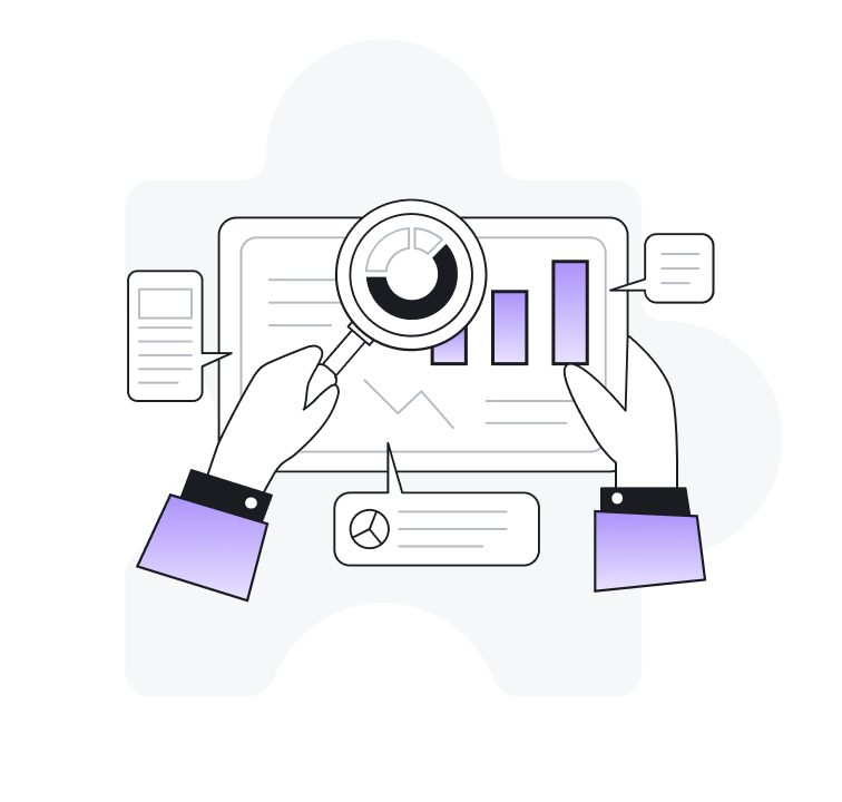 Illustration of hands holding a magnifying glass watching at data