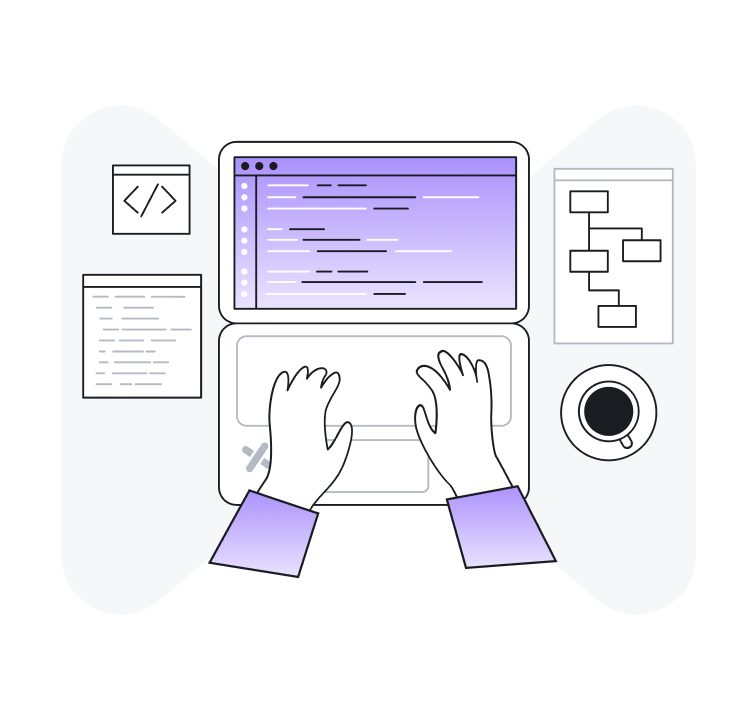 Illustration of hands typing on a laptop keyboard with coffee and code snippets around them.