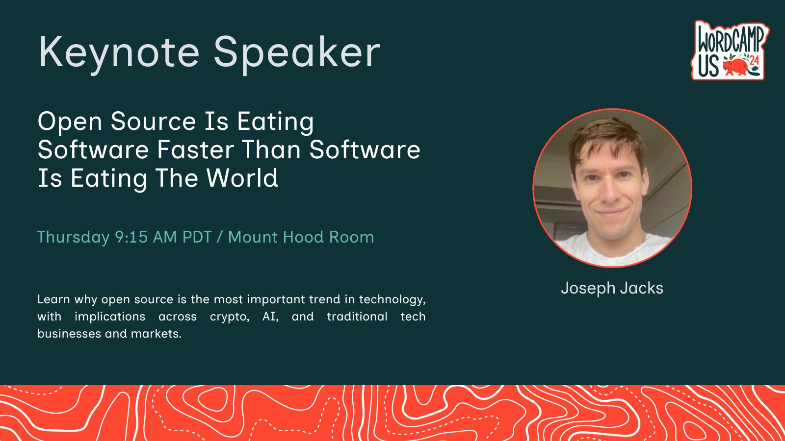 Card presenting Joseph Jacks's talk at WCUS about "Open Source Is Eating Software Faster Than Software Is Eating The World". Additional text: Learn why open source is the most important trend in technology, with implications across crypto, AI, and traditional tech businesses and markets.