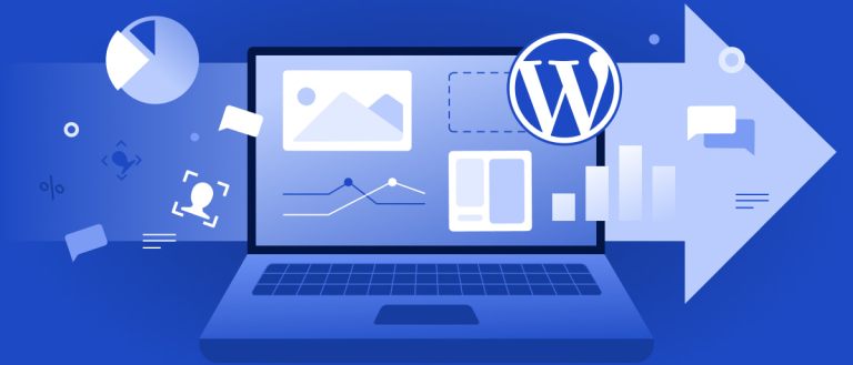 Image of a laptop and WordPress logo with key metrics and stats connected to website traffic.