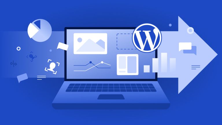 Image of a laptop and WordPress logo with key metrics and stats connected to website traffic.