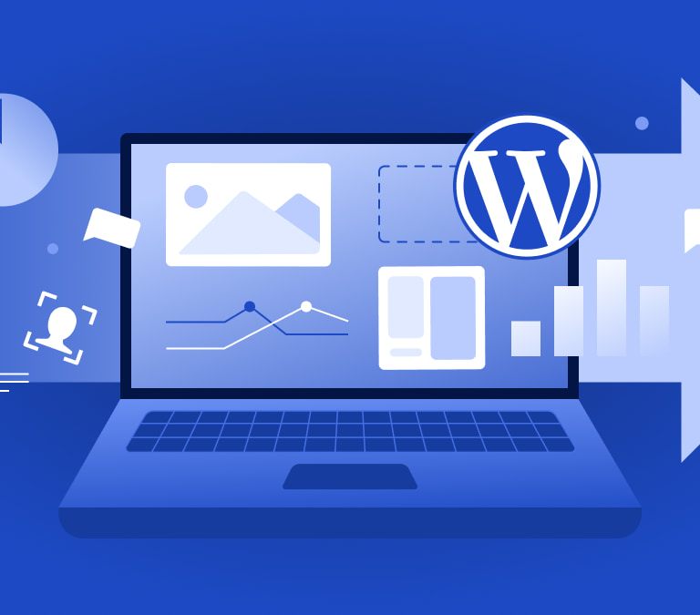 Image of a laptop and WordPress logo with key metrics and stats connected to website traffic.