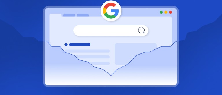 Illustration showing a website appearing on Google Search with an arrow changing from moving down to upward.