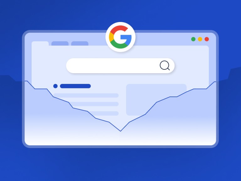 Illustration showing a website appearing on Google Search with an arrow changing from moving down to upward.