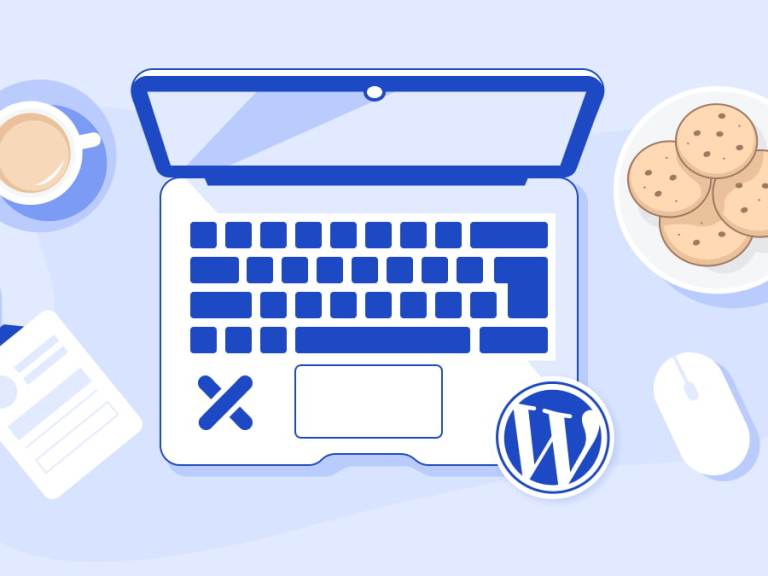 Illustration of a "Contributor Desk" - a laptop with XWP and WordPress logo, coffee cup, event badge and cookies.
