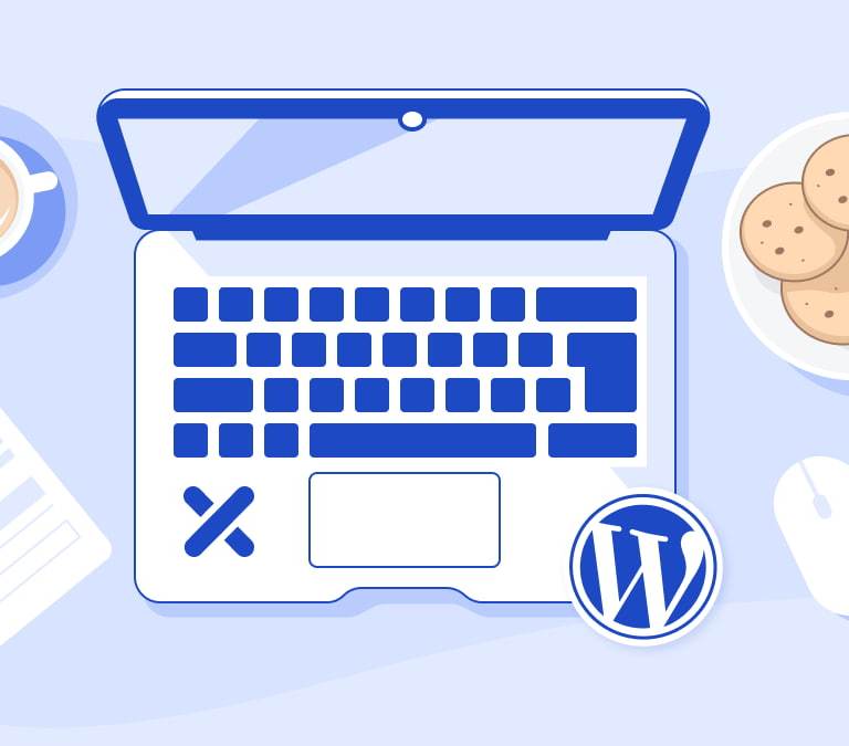 Illustration of a "Contributor Desk" - a laptop with XWP and WordPress logo, coffee cup, event badge and cookies.
